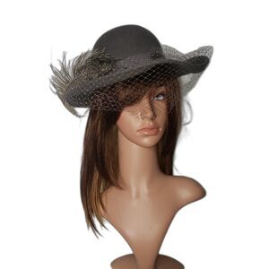 Vintage Michael Howard Hat Felt Wide Brim Feather Veil Womens Gray Wool 80s
